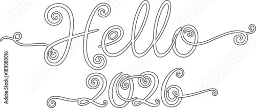 Elegant hello 2026 typography design with swirls for new year celebrations card