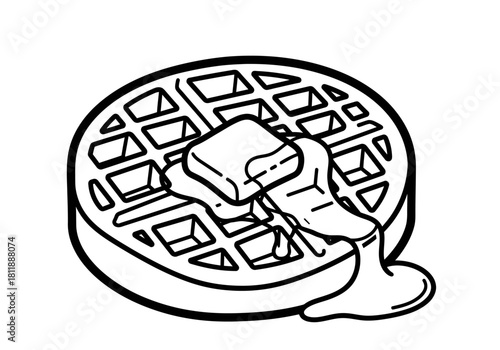 Outline drawing of a round waffle topped with butter and melting syrup