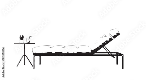 Minimal black and white illustration of a patient resting on a hospital bed with medical equipment nearby.