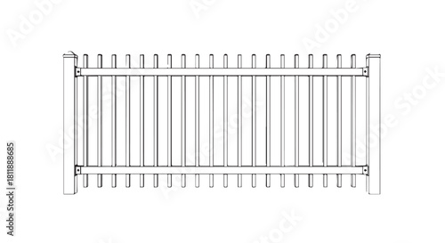 Industrial metal gate and fence with vertical bars in outdoor setting.