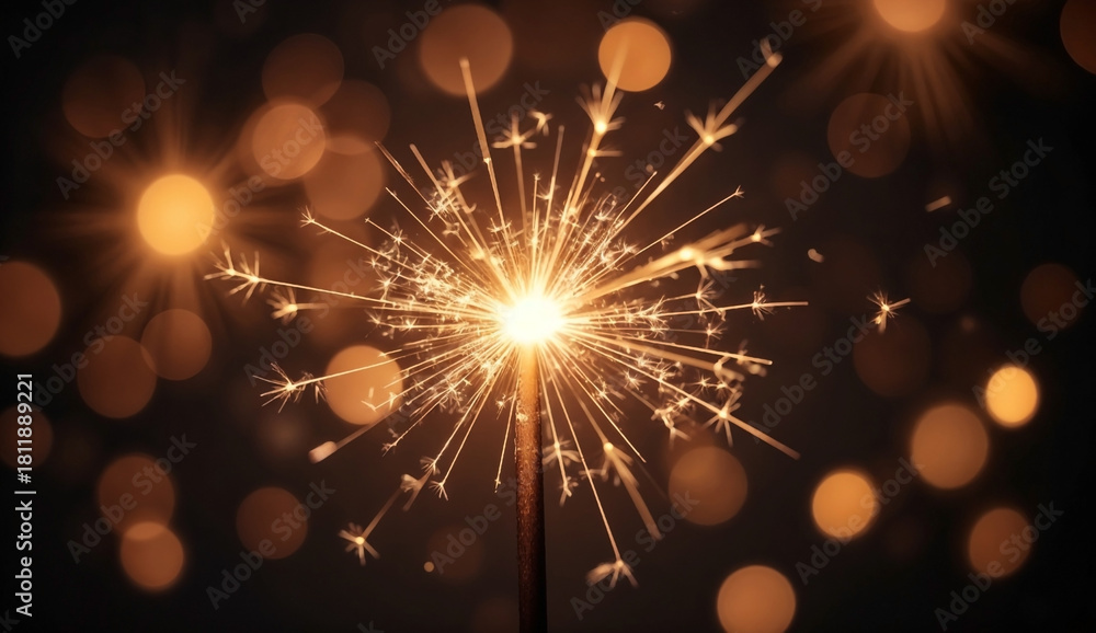 Obraz premium Close up sparkler with festive lights New year background