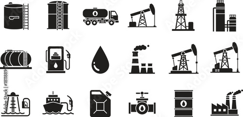 Collection of Oil and Gas Industry Icons in Black and White