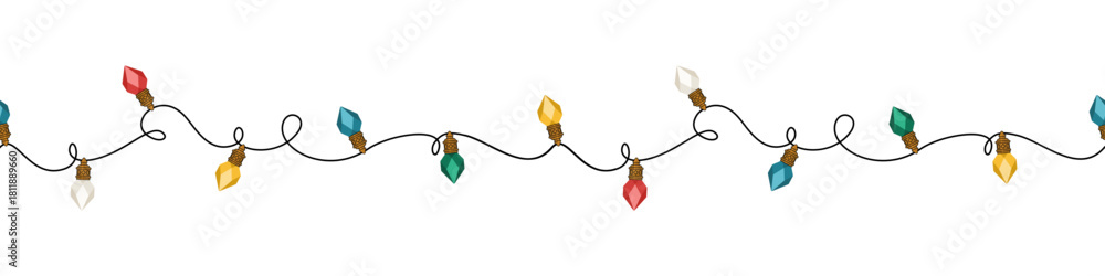 Obraz premium Świąteczna girlanda z kolorowymi lampkami na białym tle. Dekoracja bożonarodzeniowa. Bezszwowy wektorowy pasek z światełkami choinkowymi.