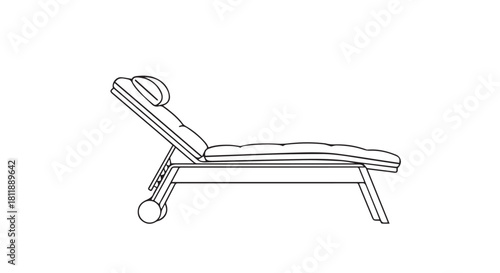 Minimal line drawing of a wooden chaise lounge chair outdoors.