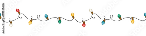 Świąteczna girlanda z kolorowymi lampkami na białym tle. Dekoracja bożonarodzeniowa. Bezszwowy wektorowy pasek z światełkami choinkowymi.