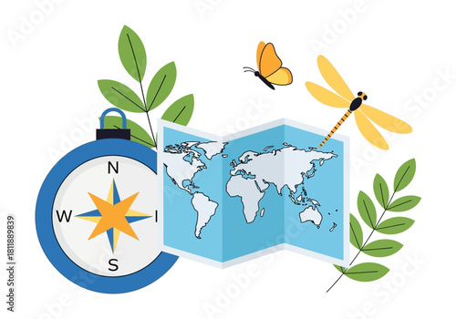 Flat Design World Map and Compass Vector - Travel and Nature Illustration Set
