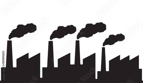  Industrial factory chimneys emitting smoke in a stark black silhouette against a white background silhouette