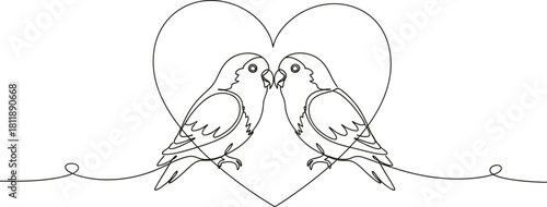 Two lovebirds in continuous line art forming a heart shape on a cream background