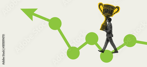 Conceptual graphic of a business man with a trophy walking along an arrow path representing growth