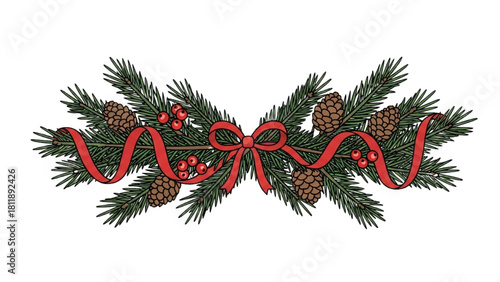 Festive Christmas Greenery Garland with Pine Cones and Red Ribbon Bow