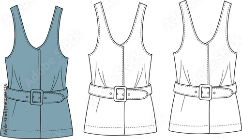 Sleeveless belted tunic sketch, scoop neckline fashion template, flat cad drawing, garment silhouette, apparel mockup, vector illustration