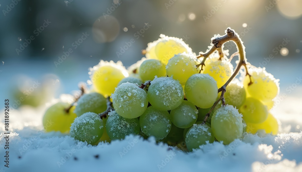Fototapeta premium Frozen green grapes lie in snow. Bunch of grapes covered with frost. Green grapes in winter landscape. Snowy scene with frozen fruit. Grapes in ice on snowy ground.
