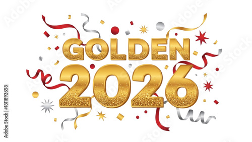 Golden glitter text for the year 2026 celebration with festive red and silver confetti