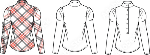 Puffed shoulder blouse sketch, high neckline fashion template, flat cad drawing, garment silhouette,