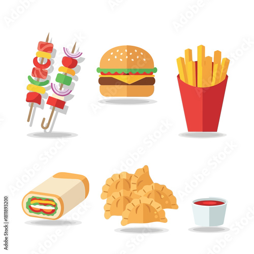 Assortment of delicious fast food vector illustration.