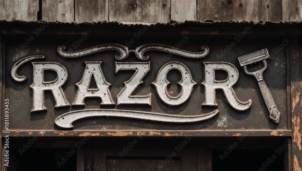 Obraz premium Vintage barber shop sign featuring a razor and barber pole design