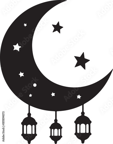 Crescent moon with stars and hanging lanterns graphic