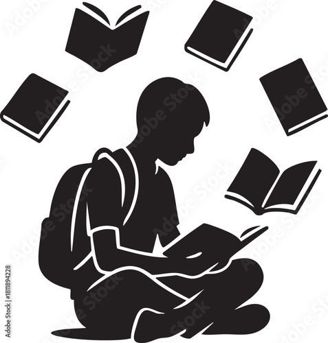 Student surrounded by floating books silhouette vector