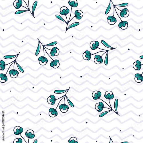 Seamless floral pattern with white cotton-like flowers and green leaves on a soft pastel green background. Ideal for textile design, wrapping paper, wallpaper, and fabric prints. Vector illustration
