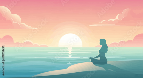 digital art, landscape, ocean, sunset, silhouette of a person sitting on a cliff, minimal, flat design, calm, serene, peaceful, dreamy, pastel colors
