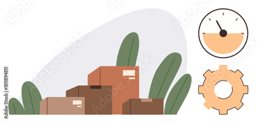 Stacked cardboard boxes surrounded by plants, gear symbolizing processes, and timer indicating speed. Ideal for logistics, supply chain, efficiency, productivity, e-commerce, planning simple flat