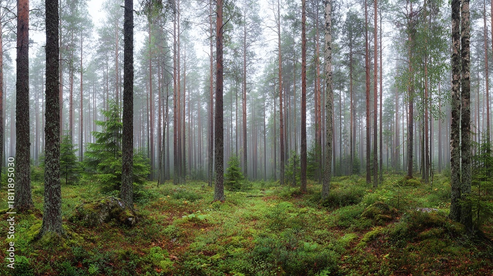 Fototapeta premium A forest landscape with tall, straight trees and a dense, green undergrowth. A misty atmosphere gives the scene a mystical feel. Ideal for nature and serene backgrounds.