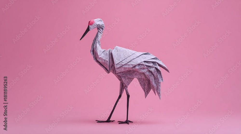 Naklejka premium Elegant origami crane stands on slender legs against a pink backdrop. The crane's folded paper structure, with its angular lines, adds a touch of modern art.