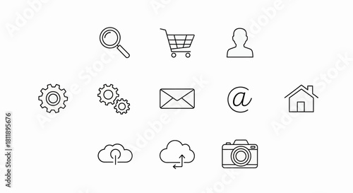 Collection of various thin line icons representing technology, communication, and business concepts
