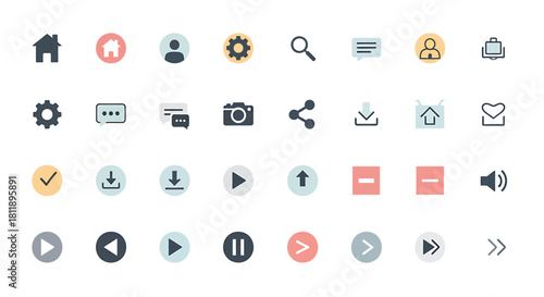 Collection of flat user interface icons for web and mobile applications, representing various actions and features