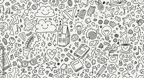 Whimsical Doodle Illustration A Fun-Filled Pattern of Clouds, Stars, and Various Elements