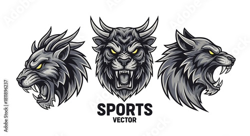 Powerful and aggressive animal heads vector illustration set for sports team mascots and e-sports branding identity