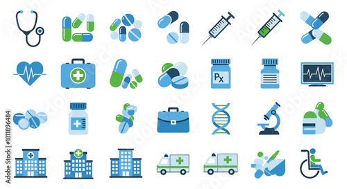 A diverse collection of flat design medical and healthcare icons for medicine, pharmacy, and emergency services concepts