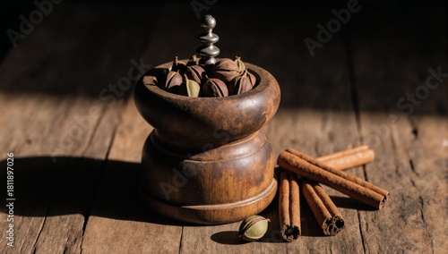 Fototapeta Naklejka Na Ścianę i Meble -  Antique wooden spice grinder with cardamom and cinnamon