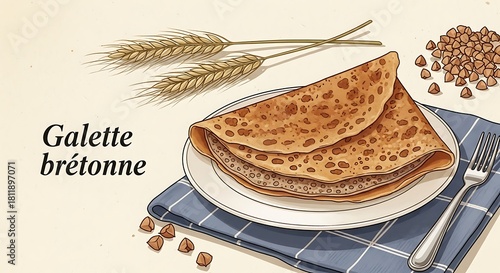 Delicious Galette Bretonne with Buckwheat and Wheat Stalks on a Plate.