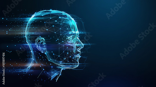Abstract blue science illustration of a human head with glowing brain and flowing blue energy wave for technology and power design background
