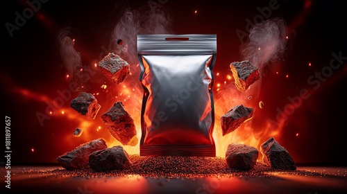BBQ Flavored Snack Bag Mockup with Exploding Lava Rocks, Smoke, and Fiery Ember Background
