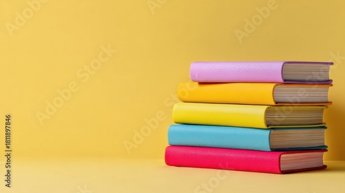 Five colorful books stacked vertically with smooth hardcovers in red, blue, yellow, orange,