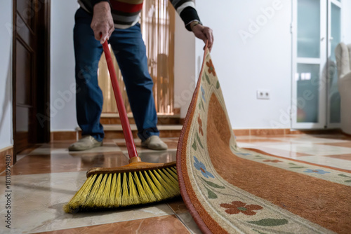 Obraz na plátne Senior man sweeping floor under lifted rug