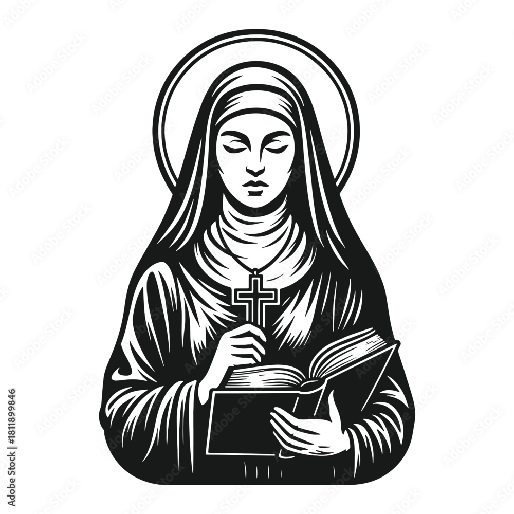 Obraz premium Vintage monochrome illustration of a female saint or nun with a halo, holding a cross and reading a holy book, symbolizing faith, religion, prayer, and Catholic devotion in a vector graphic.