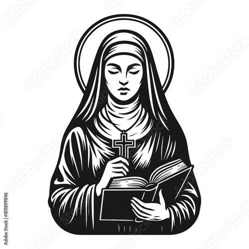 Vintage monochrome illustration of a female saint or nun with a halo, holding a cross and reading a holy book, symbolizing faith, religion, prayer, and Catholic devotion in a vector graphic.