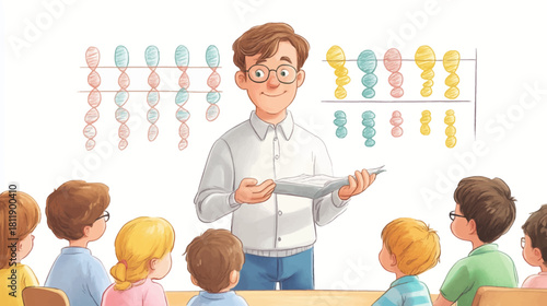 Educational Event on Genetics Featuring Gregor Mendel and DNA Helix Made of Peas in Classroom Setting