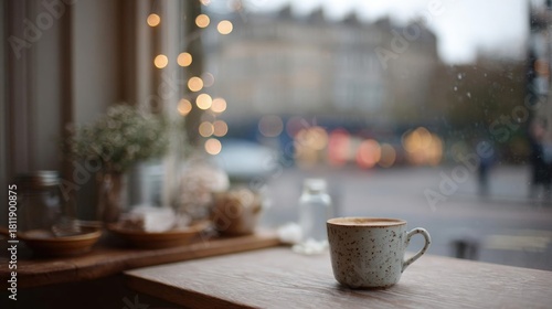 Fototapeta Naklejka Na Ścianę i Meble -  Wooden table with a white mug on it. the mug has a speckled pattern and appears to be filled with a dark liquid.