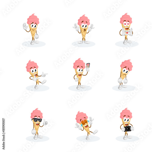 Cute Pink Ice Cream Cone Mascot Character Vector Set