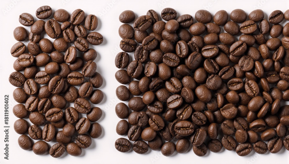 Fototapeta premium Side-by-side comparison of Arabica and Robusta coffee beans features on a white background