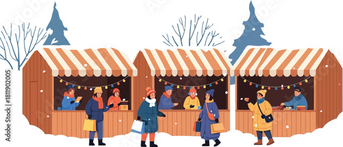 People shopping at outdoor winter market stalls with snow covered landscape view