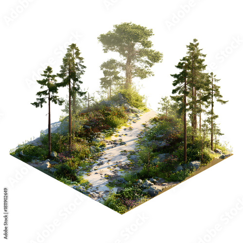 Isometric forest scene with a path lush vegetation and tall trees a tranquil nature illustration