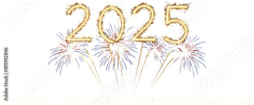 Sparkling fireworks display celebrating the arrival of the new year 2025 above city