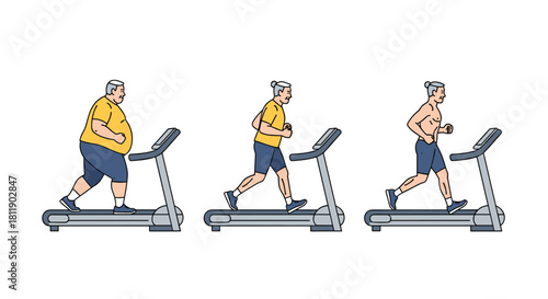 Series of images showing a man progressively losing weight while exercising on a treadmill.
