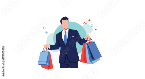 Man in a suit carrying shopping bags, symbolizing consumerism and retail therapy.