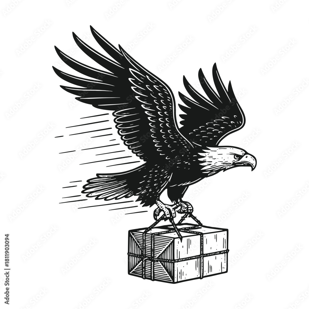 Fototapeta premium Vintage monochrome etching of a fast-flying bald eagle carrying a delivery box, symbolizing rapid shipping, courier service, and delivery solutions in a retro vector illustration.